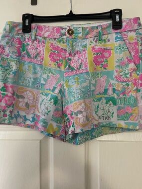 Lilly Pulitzer High-Waist Patchwork State Print Shorts - Pink, Teal & Yellow
